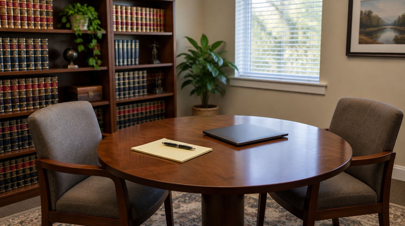 A quiet law office consultation room with a table, two chairs and a legal pad